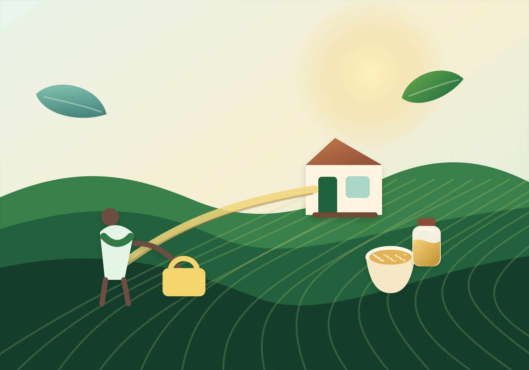 Illustrated Hosur farm sourcing scene with an organic storefront and delivery bag